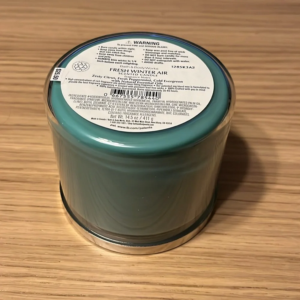Bath & Body Works 3 Wick Candle. Fresh Winter Air. Give Thanks.